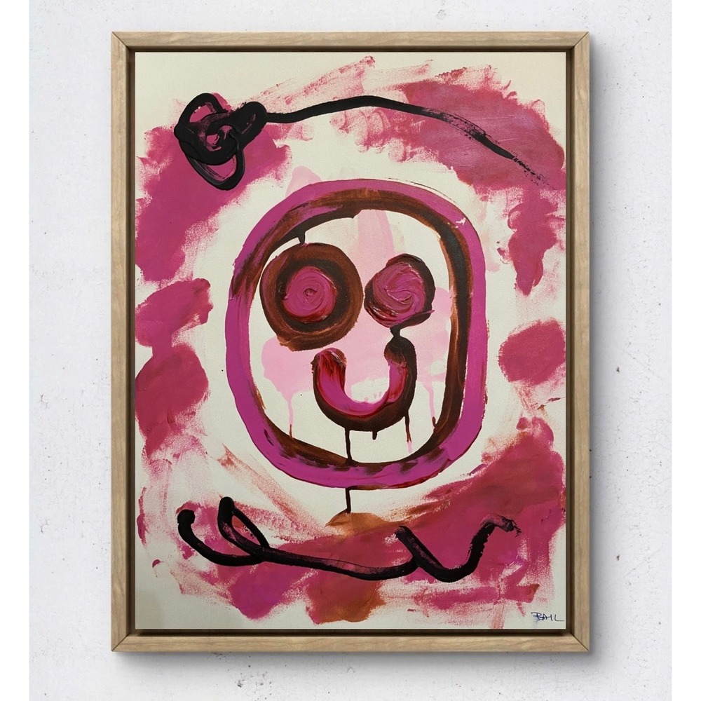 Pop Art Smiley Face Original Painting 11x14 Mixed Media Pink Abstract Flower